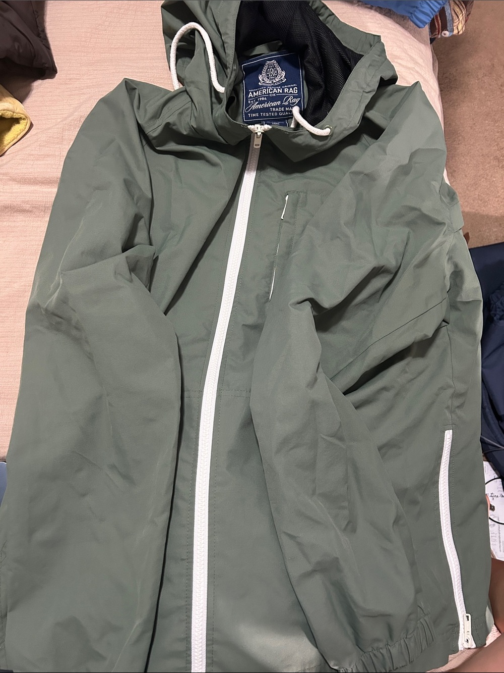 American Rag Olive Green Hooded Windbreaker with White Trim